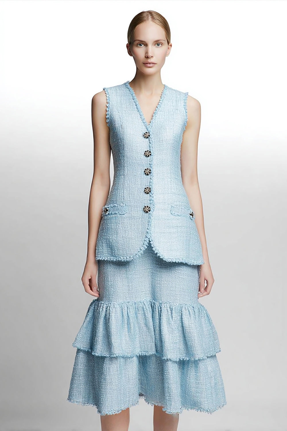 A Line Midi 2-Piece Sky Blue Work Dress with Ruffles