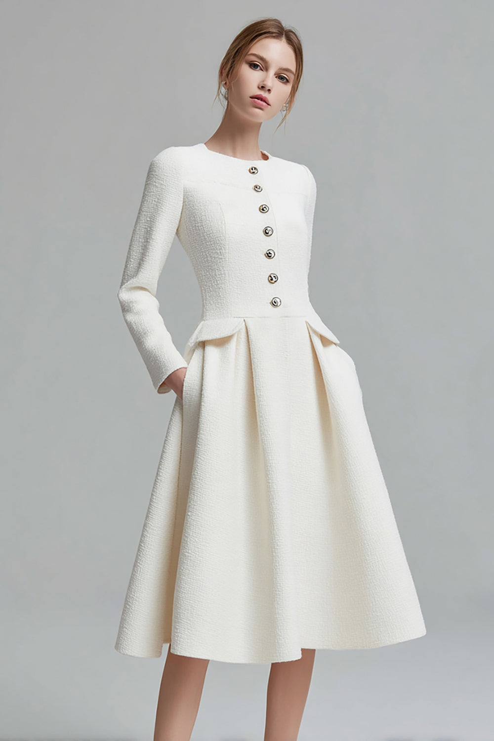 A Line Round Neck Midi Ivory Work Dress