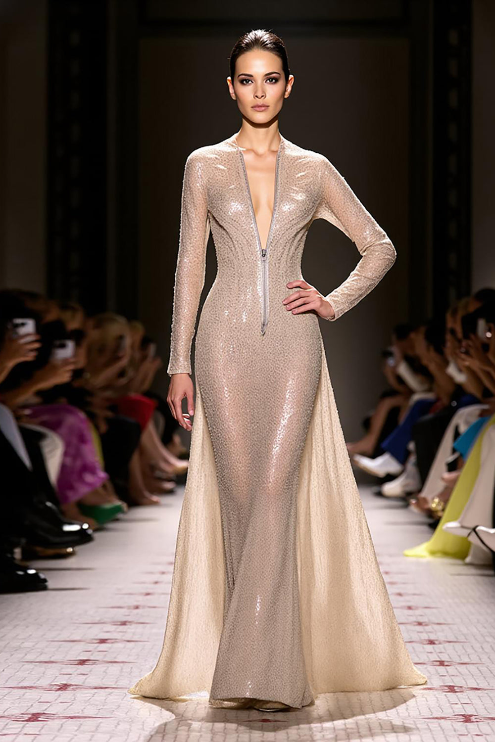 A-Line Champagne V-Neck Backless Evening Dress