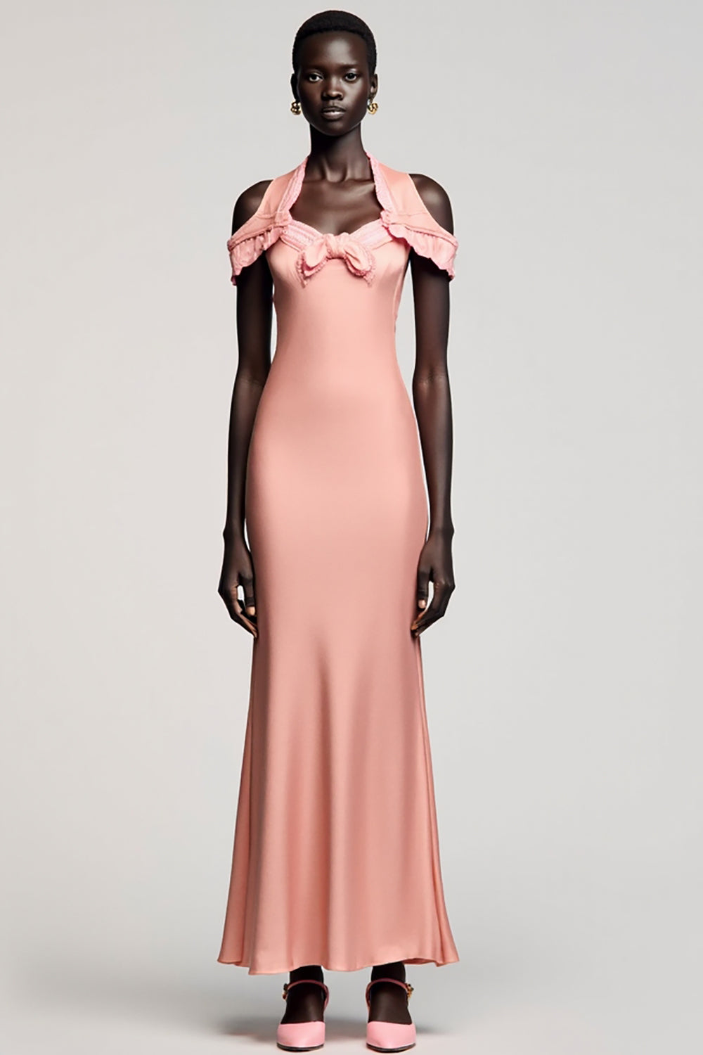 Cold Shoulder Mermaid Pink Wedding Guest Dress With Bow