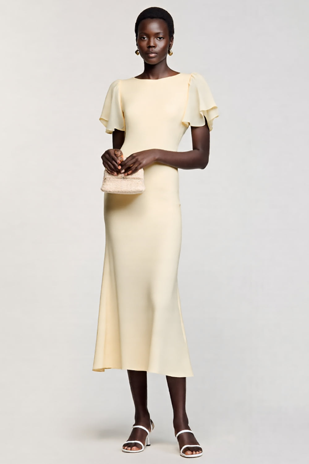 Ivory Sheath Ruffle Sleeves Midi Wedding Guest Dress