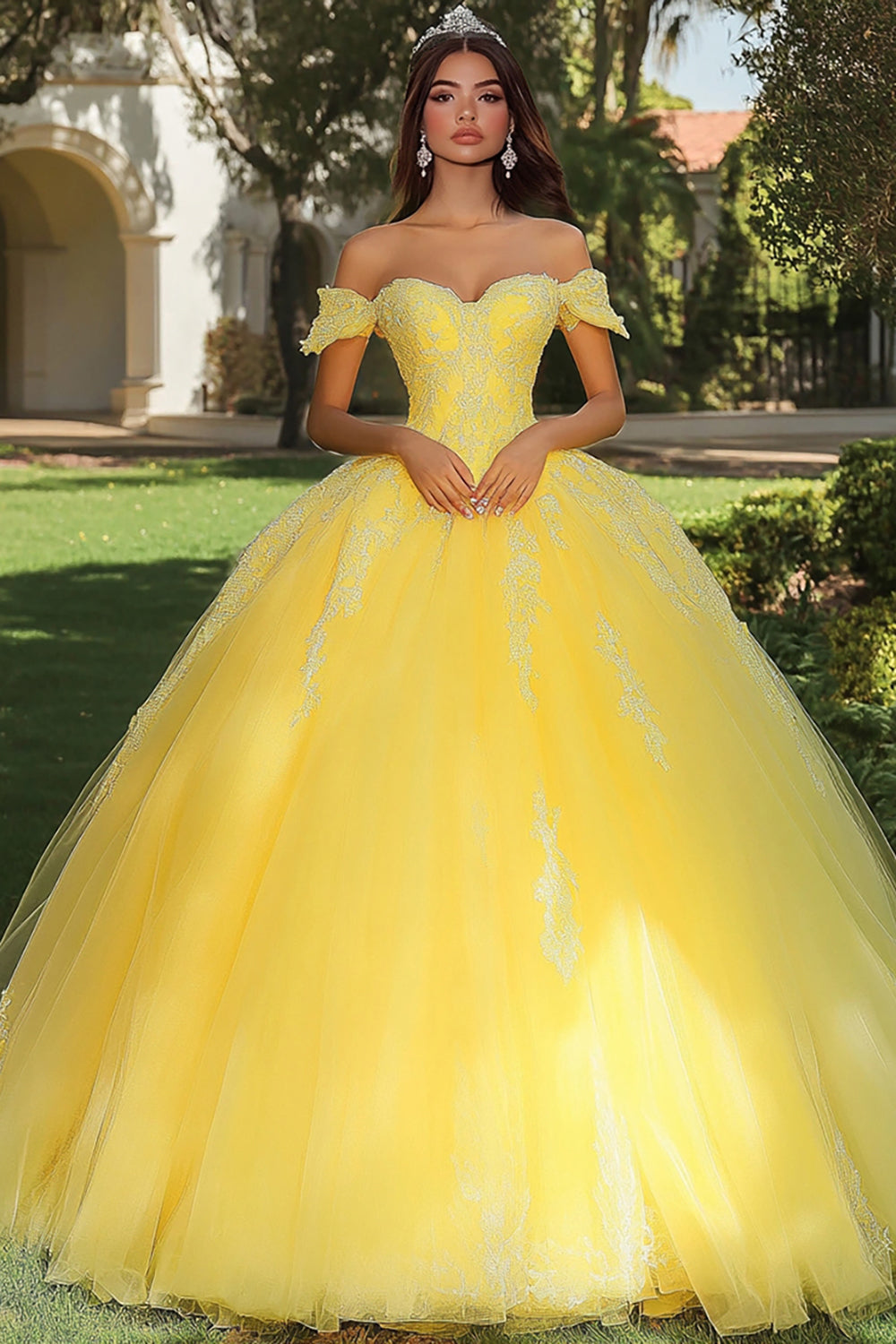 Yellow Tulle Ball Gown Off the Shoulder Long Quinceanera Dress with Lace