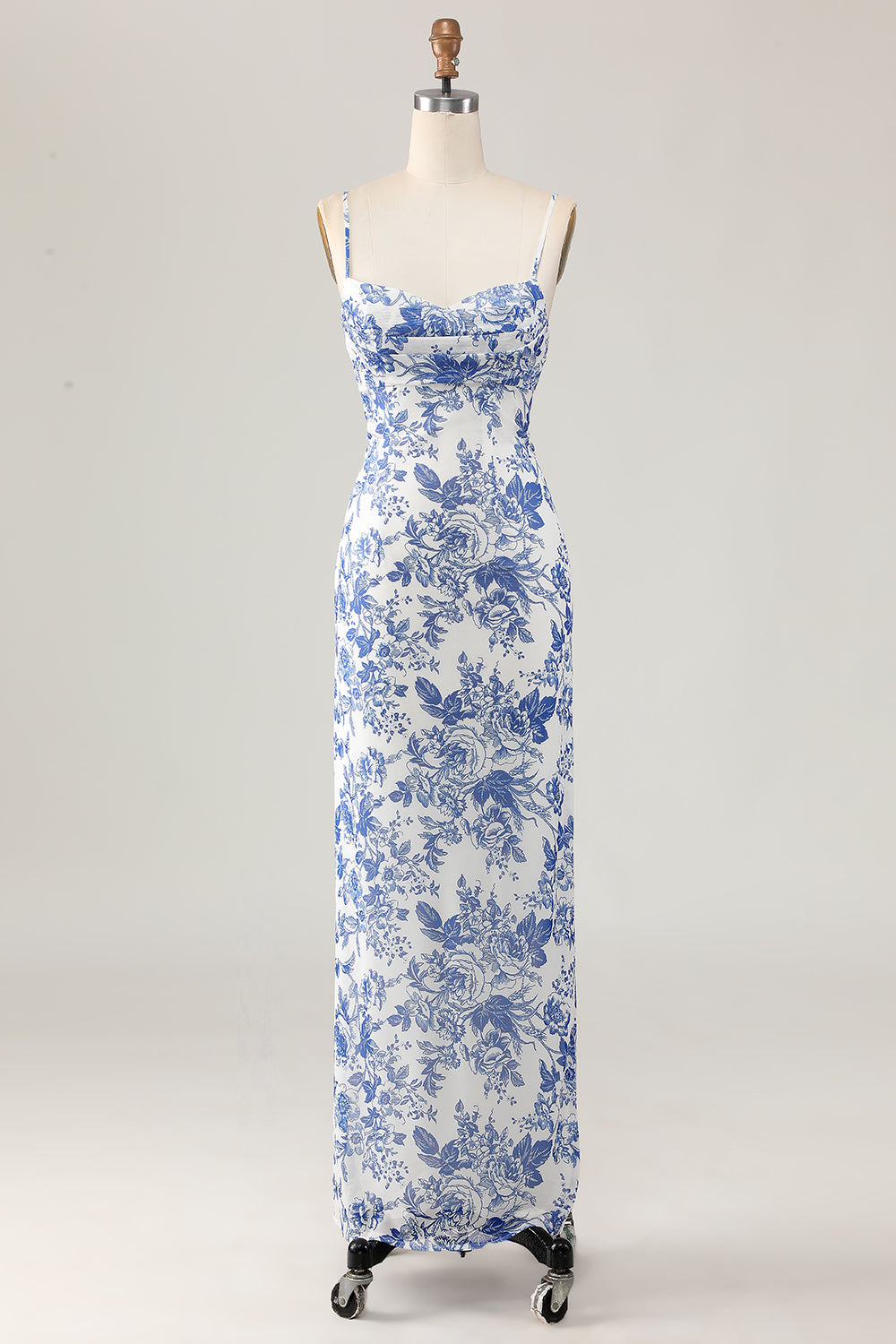Printed Sheath White Blue Flower Long Wedding Guest Dress