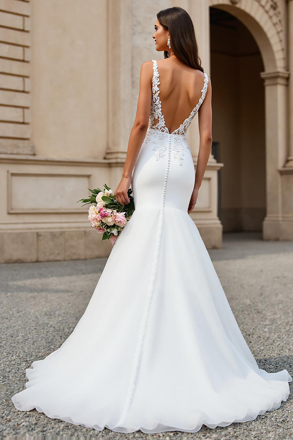 V-Neck Organza Mermaid Ivory Wedding Dress with Lace Appliques