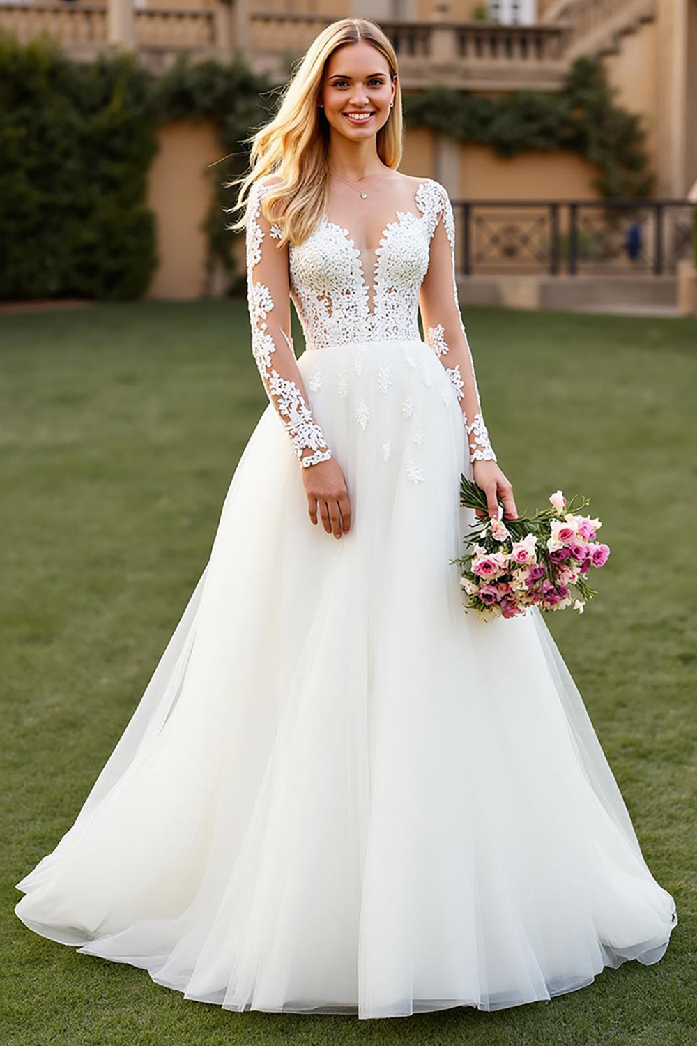 A Line Illusion Neck Court Train Ivory Wedding Dress with Lace Appliques
