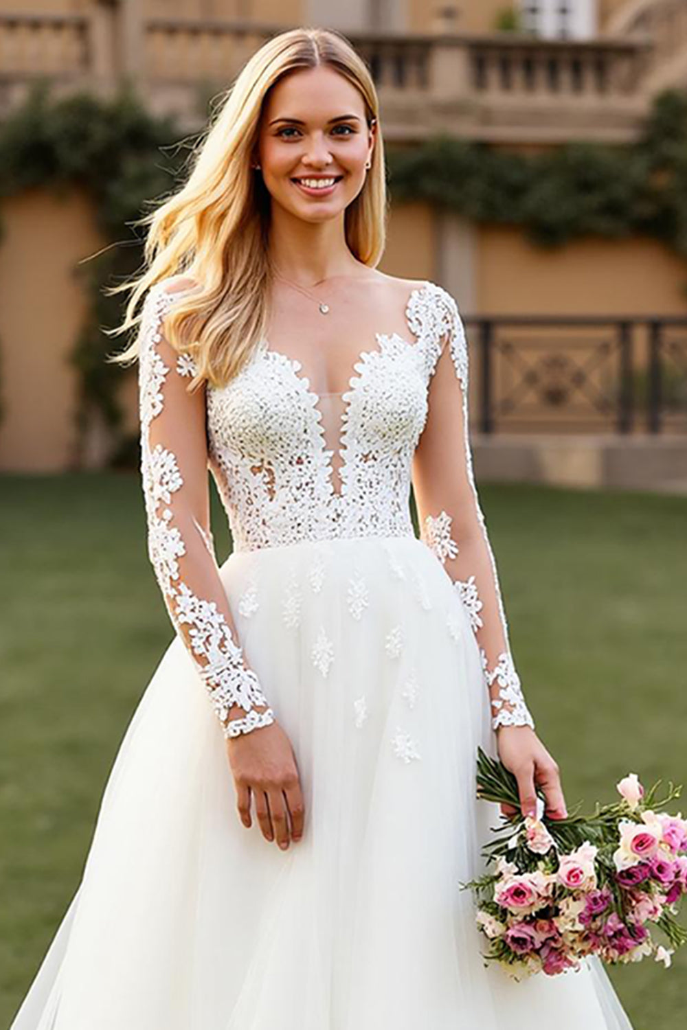 A Line Illusion Neck Court Train Ivory Wedding Dress with Lace Appliques