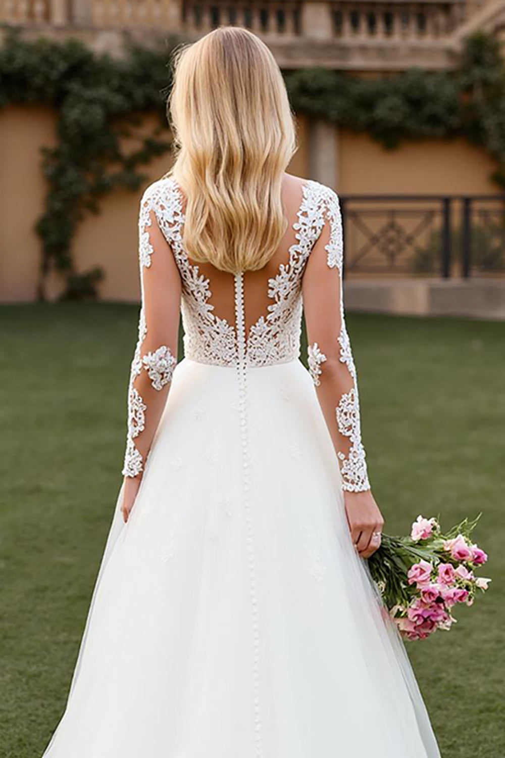 A Line Illusion Neck Court Train Ivory Wedding Dress with Lace Appliques