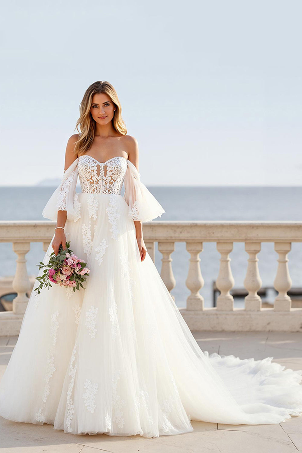 Chapel Train Tulle A Line Off the Shoulder Ivory Wedding Dress with Lace Appliques