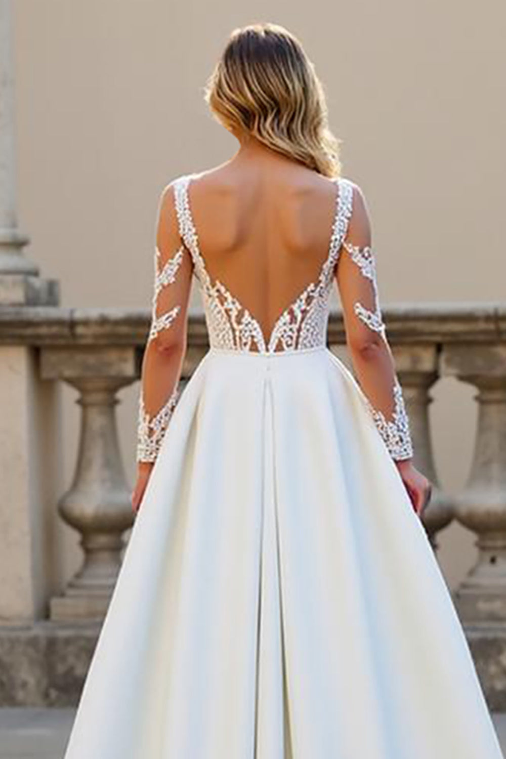 A Line Court Train Satin Ivory Wedding Dress with Lace Appliques