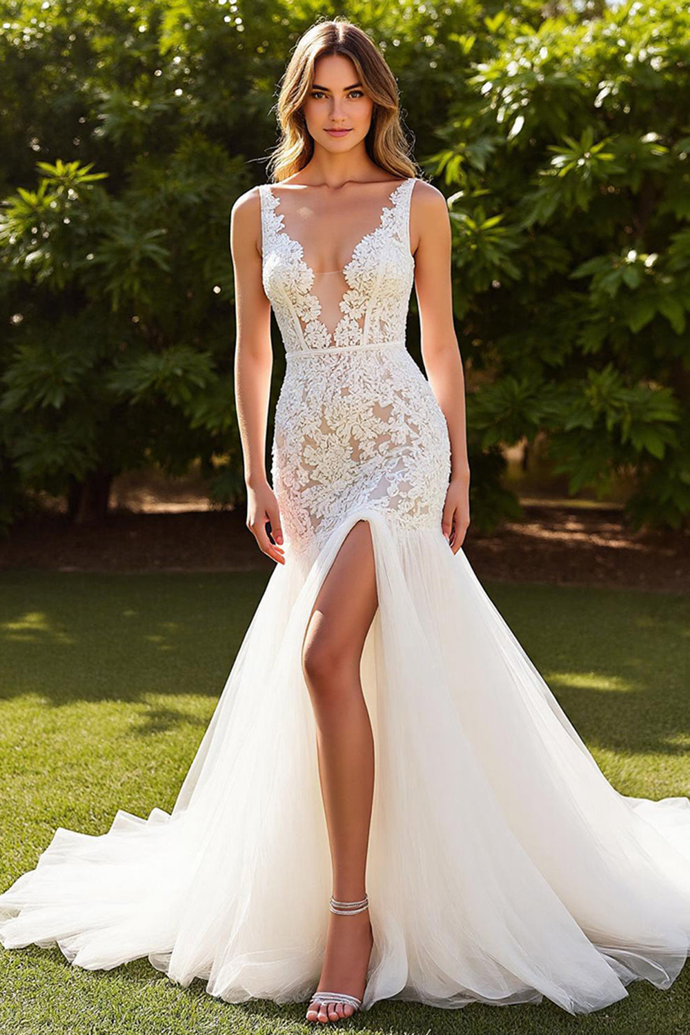 Ivory Court Train Tulle Mermaid V-Neck Wedding Dress with Slit