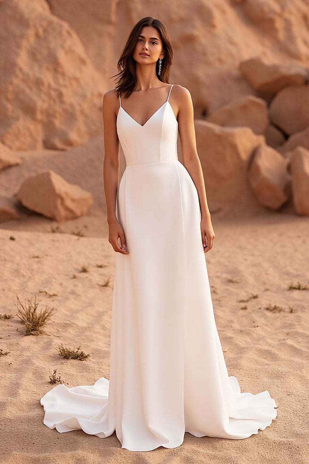 Ivory A Line Court Train Simple Satin Wedding Dress