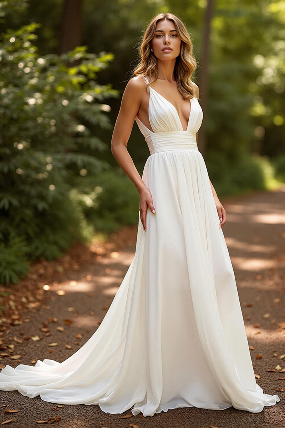 Ivory Chiffon A Line V-Neck Court Train Wedding Dress