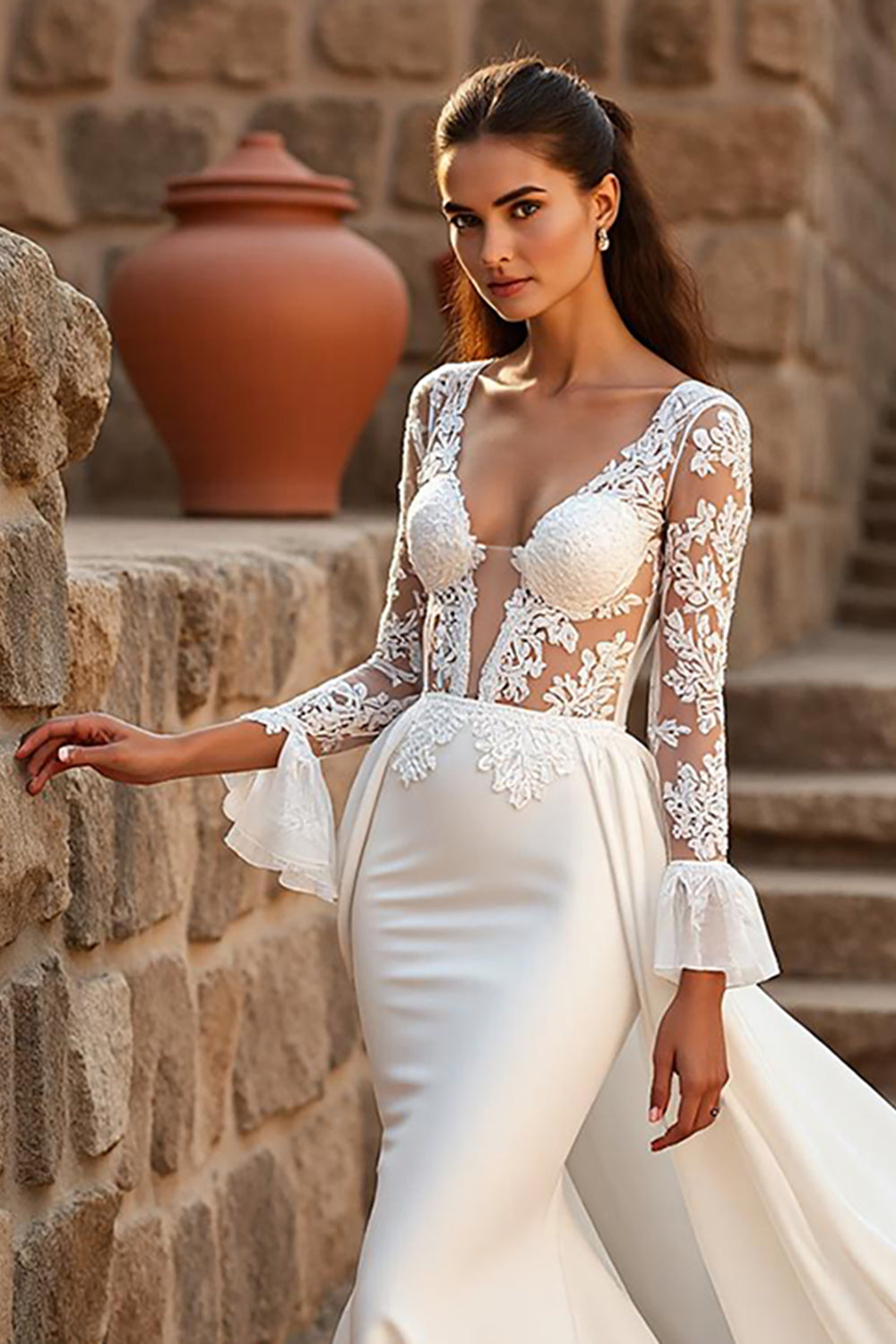Mermaid Court Train Satin Ivory Wedding Dress with Lace Appliques