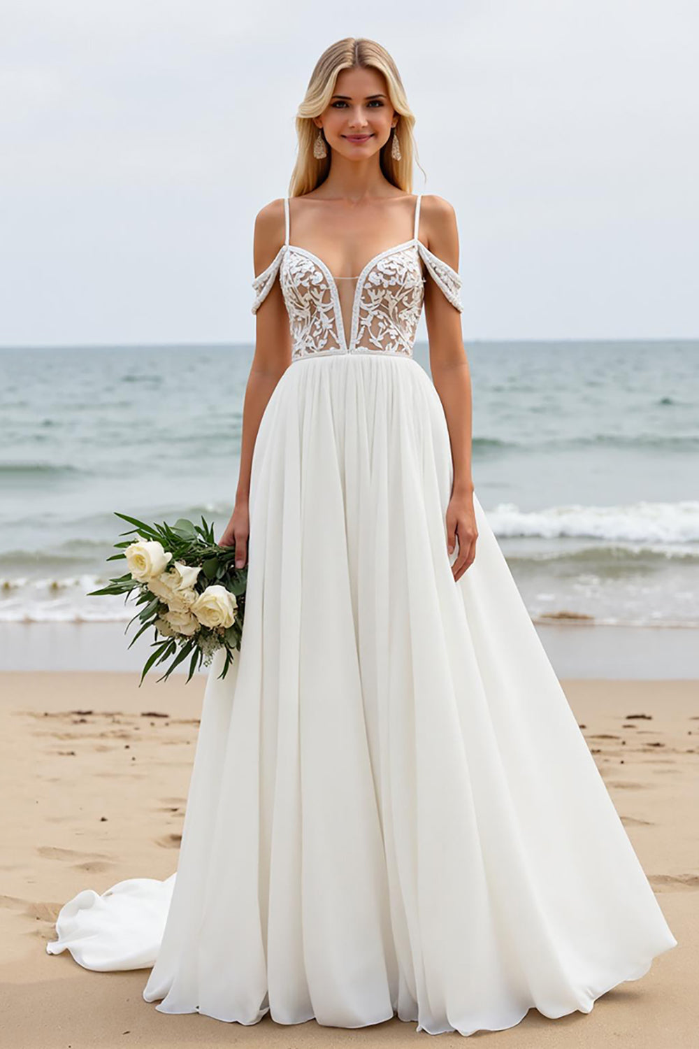 Ivory Sweep Train Chiffon A Line Cold Shoulder Wedding Dress with Lace Appliques