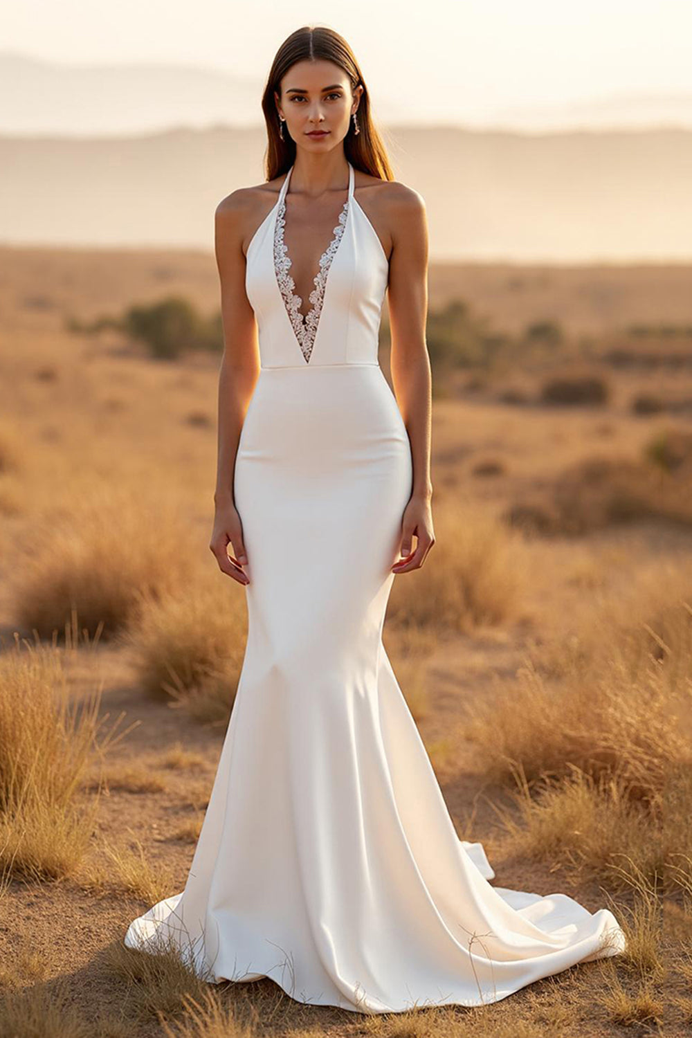 Mermaid Court Train Simple Stretch Satin Ivory Wedding Dress with Lace