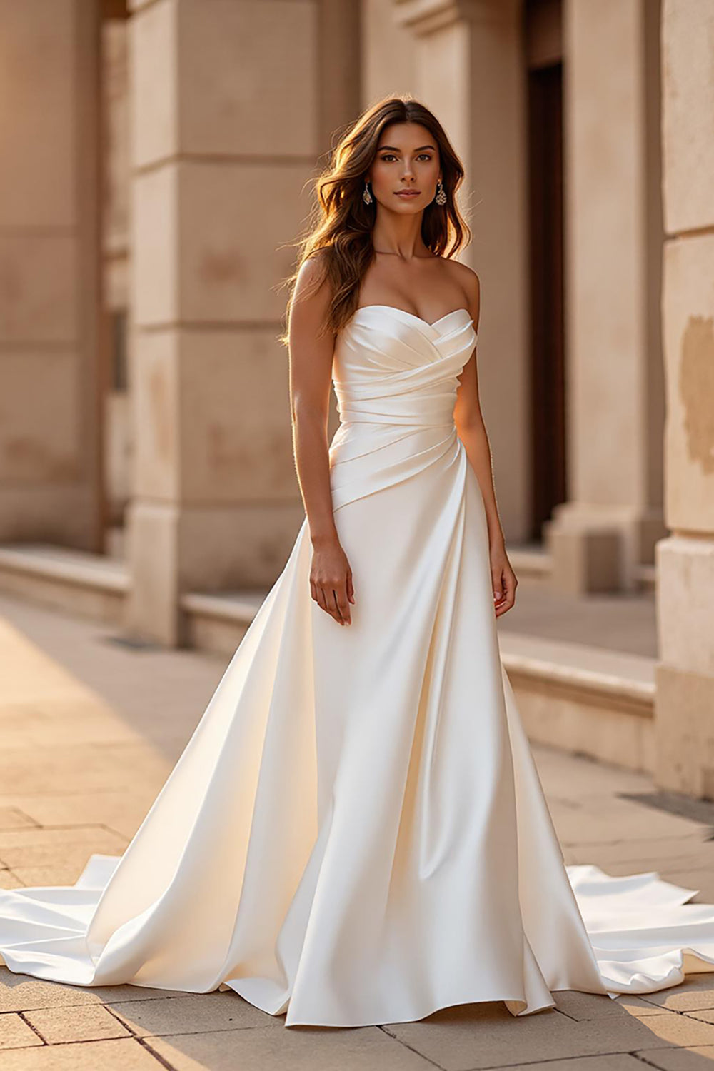 Court Train Satin A Line Sweetheart Ivory Wedding Dress