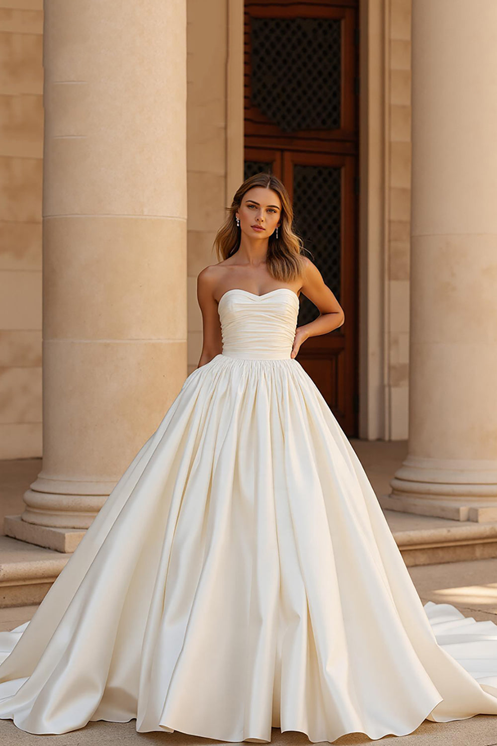 Chapel Train Satin Ball Gown Sweetheart Ivory Wedding Dress