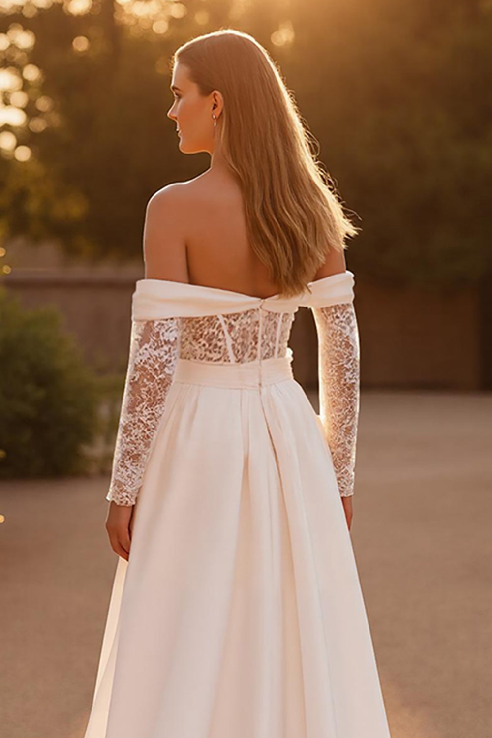 Ivory Stretch Satin A Line Off the Shoulder Sweep Train Wedding Dress with Lace