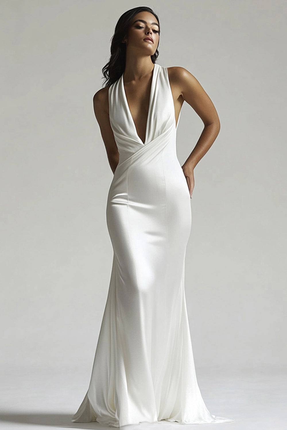 Ivory Deep V-Neck Satin Mermaid Long Wedding Reception Dress