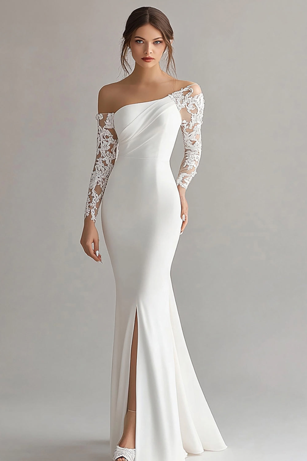 Off the Shoulder Satin Sheath Ivory Engagement Dress with Lace