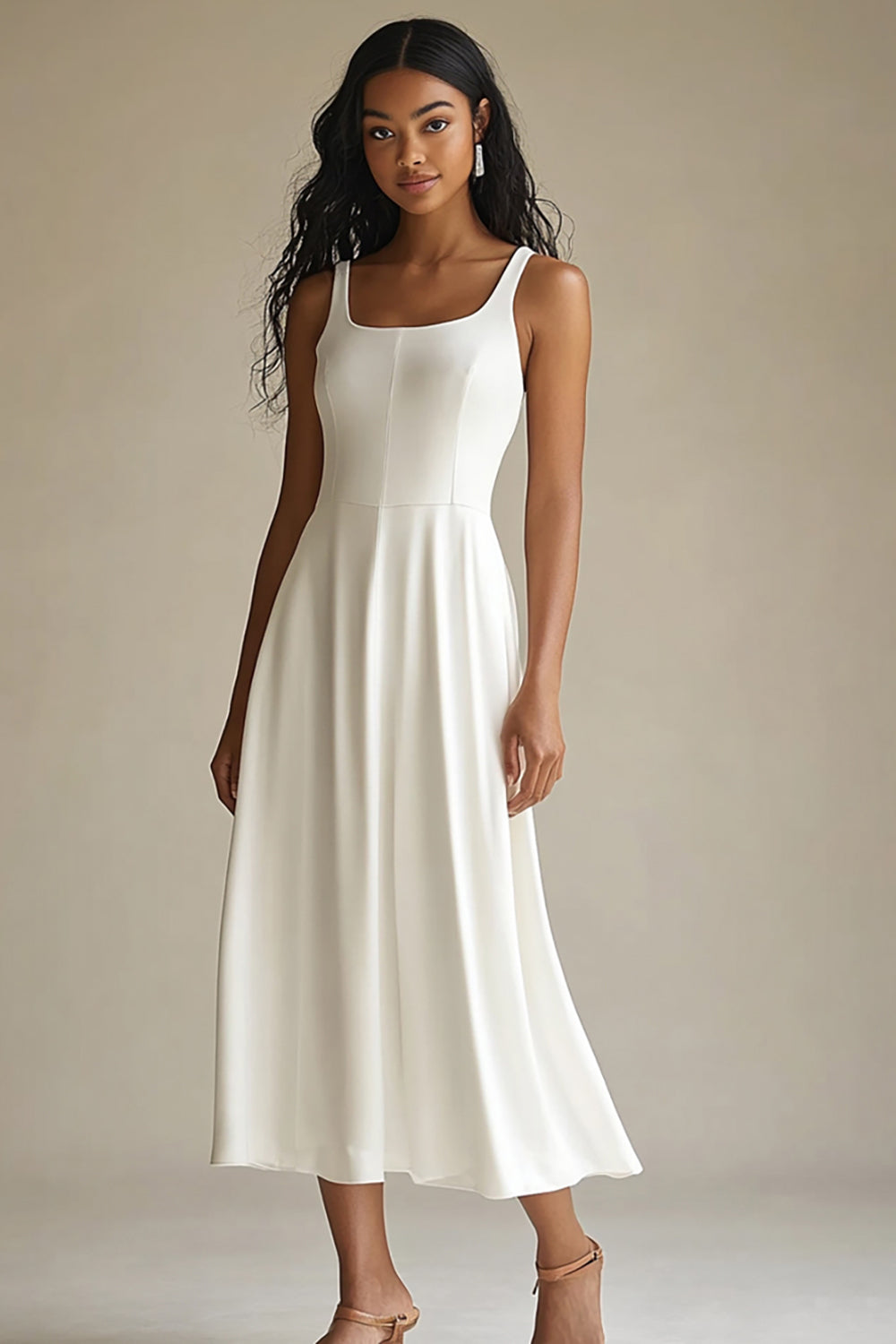 A Line Long Simple Satin Ivory Engagement Dress
