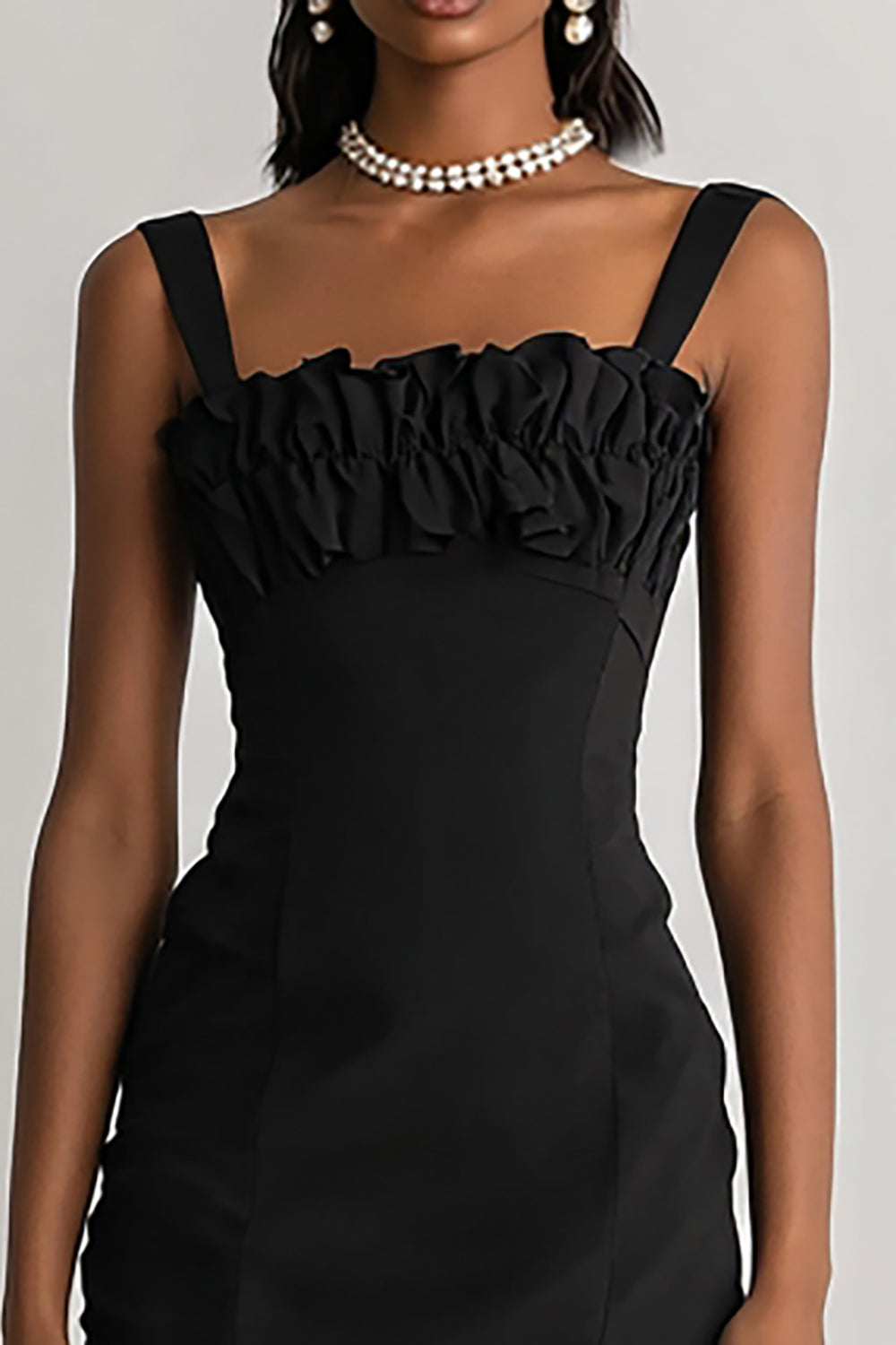 Simple Bodycon Square Little Black Dress with Ruffles