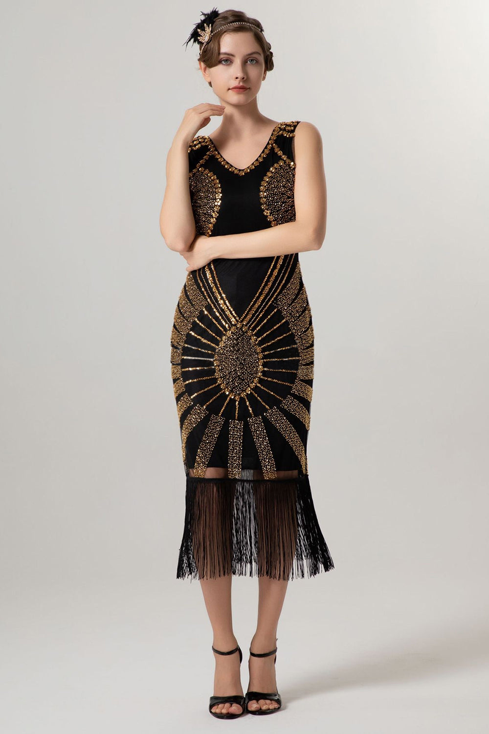 Sparkly Black Golden Bodycon Beaded Short 1920s Dress with Fringes