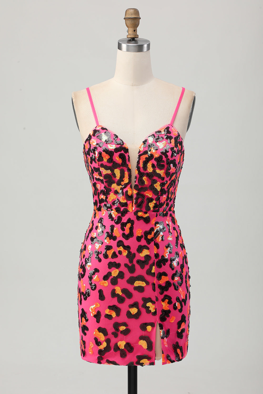 Fuchsia Bodycon Spaghetti Straps Sequins Homecoming Dress with Slit