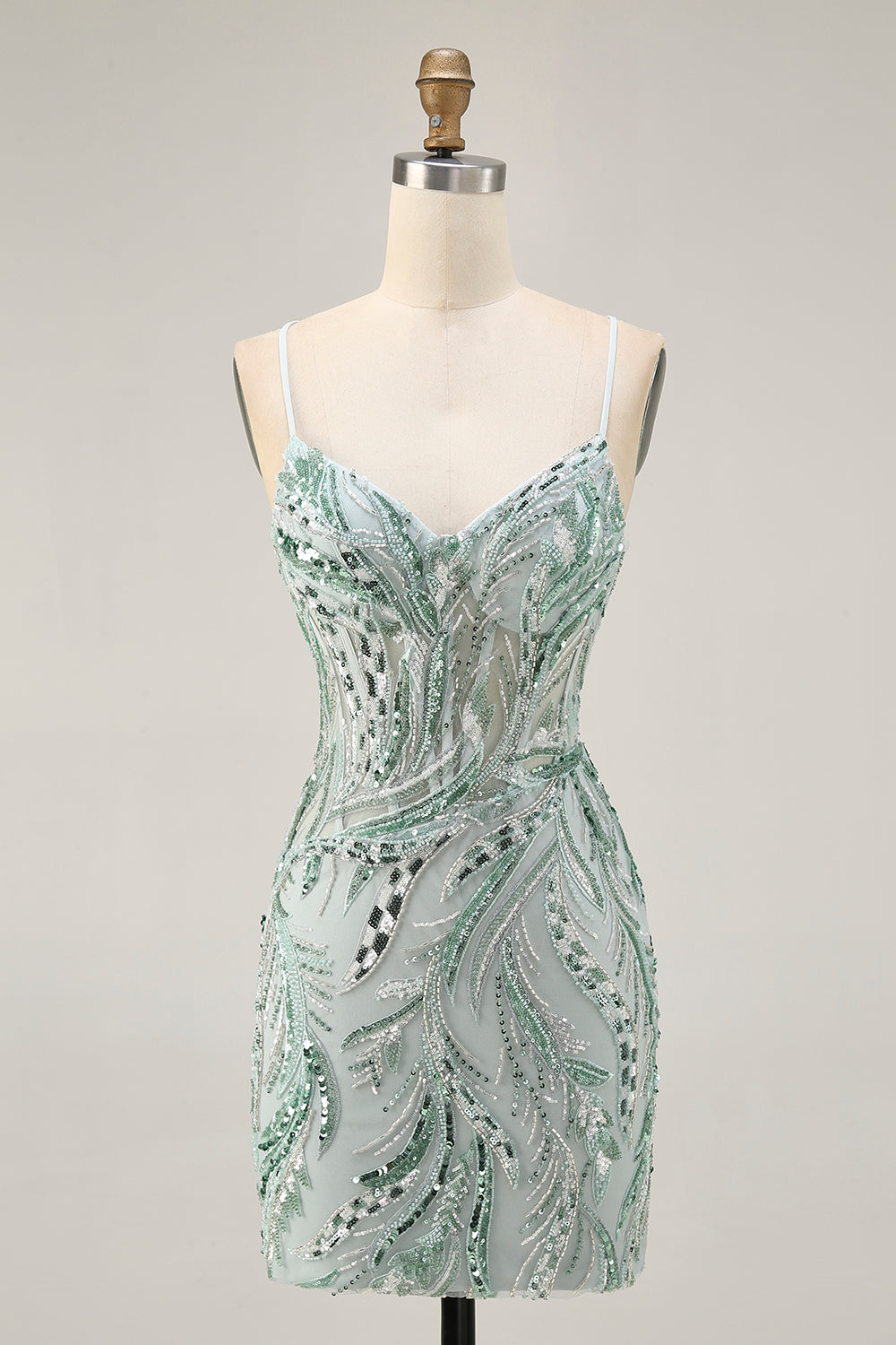 Green Beaded Bodycon Homecoming Dress with Lace Up Back