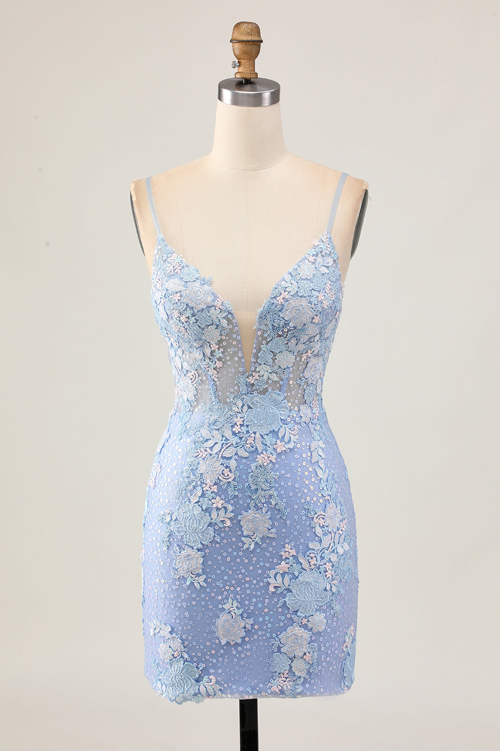 Light Blue Bodycon Floral Sequins Homecoming Dress with Appliques