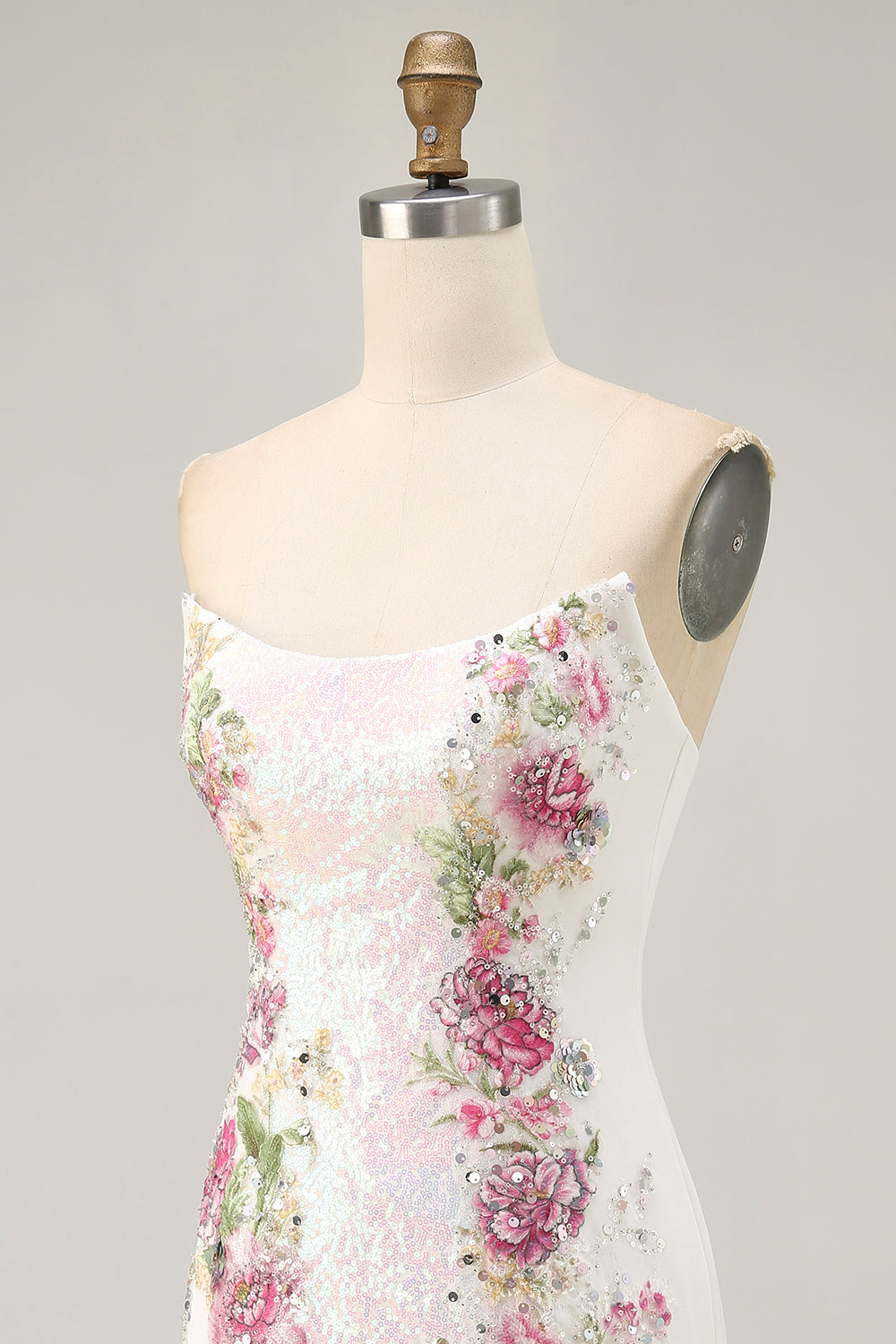 Floral Strapless Sequins Bodycon White Homecoming Dress