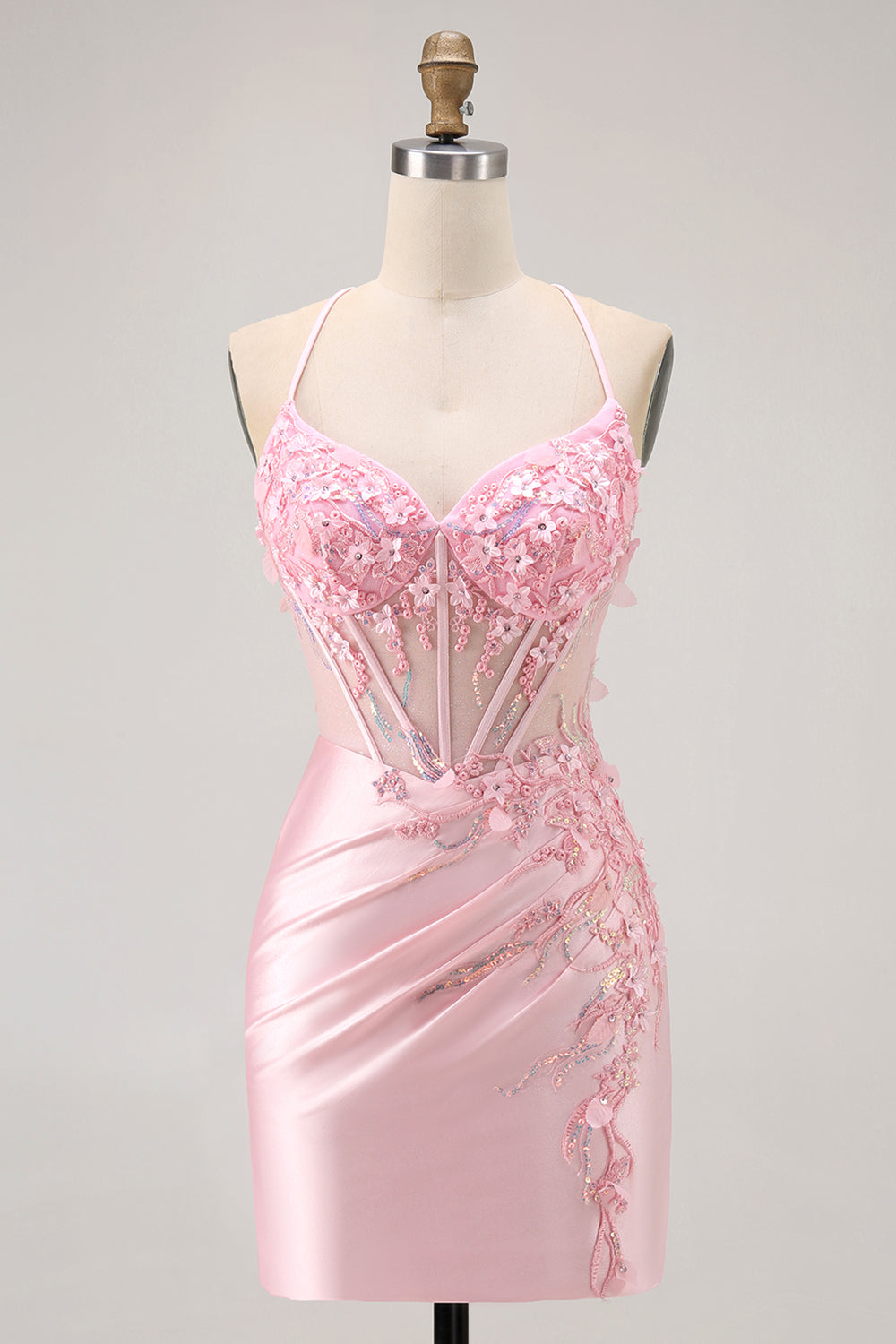 Candy Pink Bodycon Beaded Corset Short Homecoming Dress with Appliques