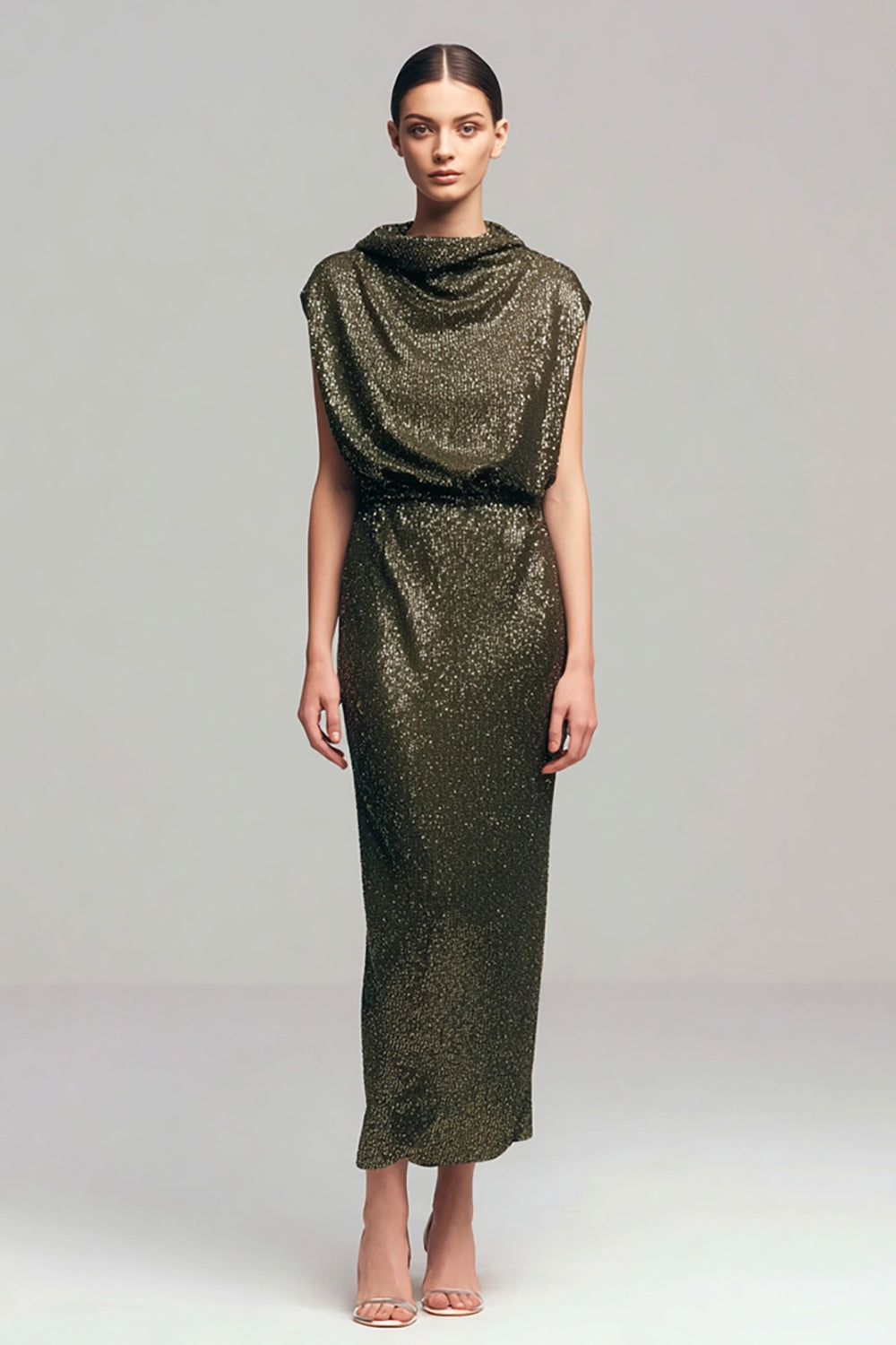 Sparkly Olive Bodycon Ruched Long Formal Dress with Sequins