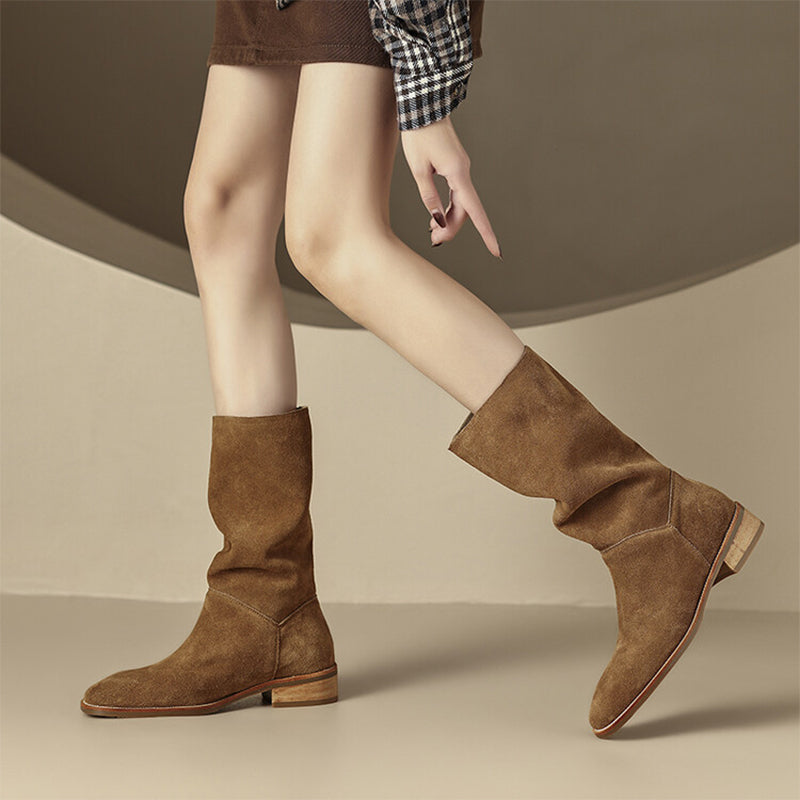Womens Suede��Leather Mid Calf Boots In Green/Black/Brown