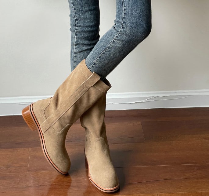 Womens Suede��Leather Mid Calf Boots In Black/Khaki