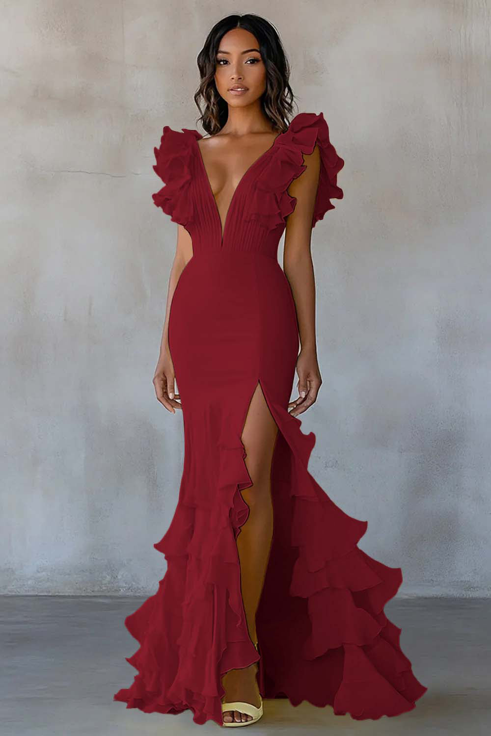 Yellow Mermaid V-Neck Tiered Long Formal Dress with Ruffled Slit