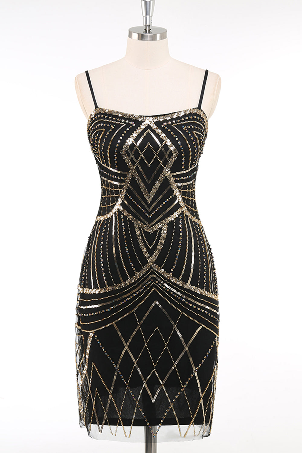 Black Golden Spaghetti Straps Sequins Bodycon Short 1920s Dress