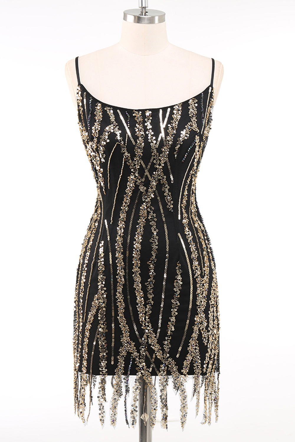 Black Golden Spaghetti Straps Sequins Bodycon 1920s Dress with Fringes