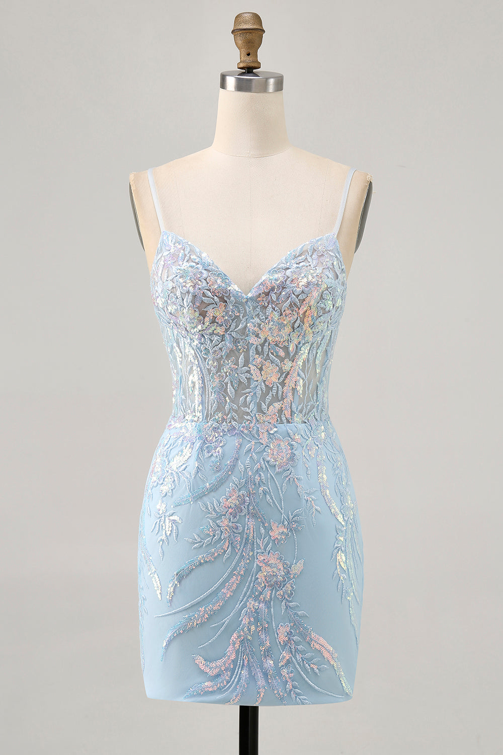 Light Blue Bodycon Spaghetti Straps Appliqued Homecoming Dress with Sequins