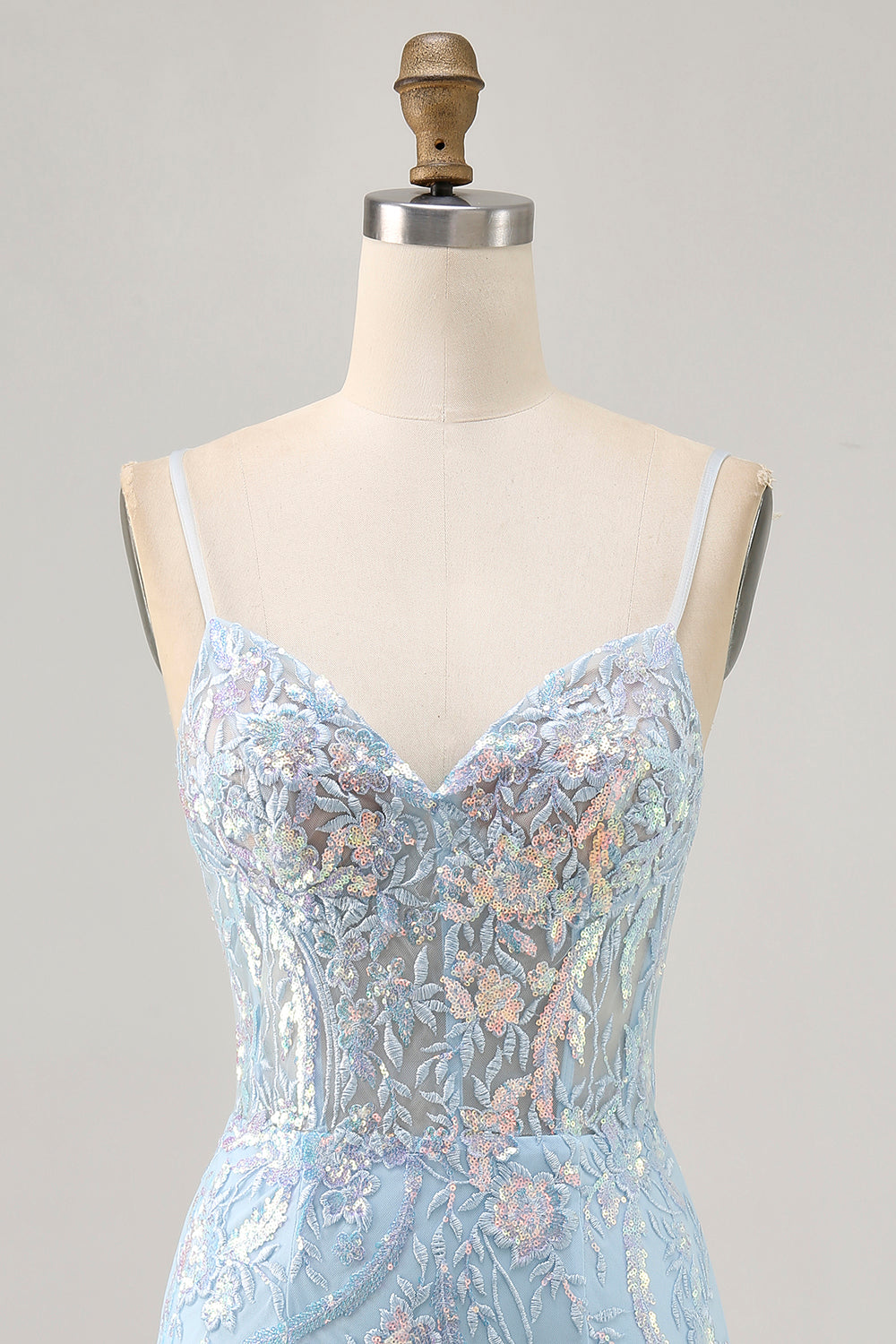 Light Blue Bodycon Spaghetti Straps Appliqued Homecoming Dress with Sequins