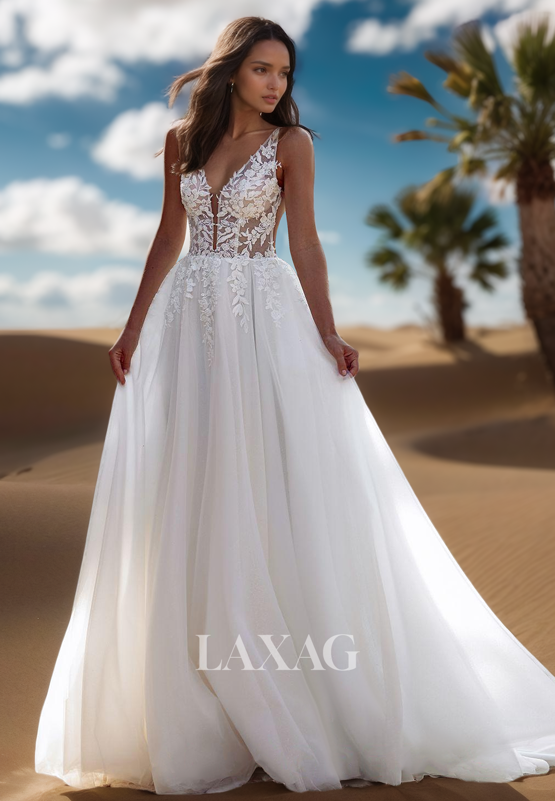 A-Line Deep V-Neck Sleeveless Tulle Bride Gowns Lace Applique Beaded Pleated Wedding Dress