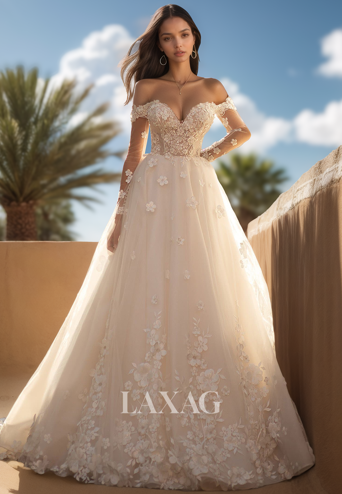 A-line Sweetheart Off-Shoulder Long-Sleeves Pleated Floral Embellished Beaded Tulle Wedding Dress