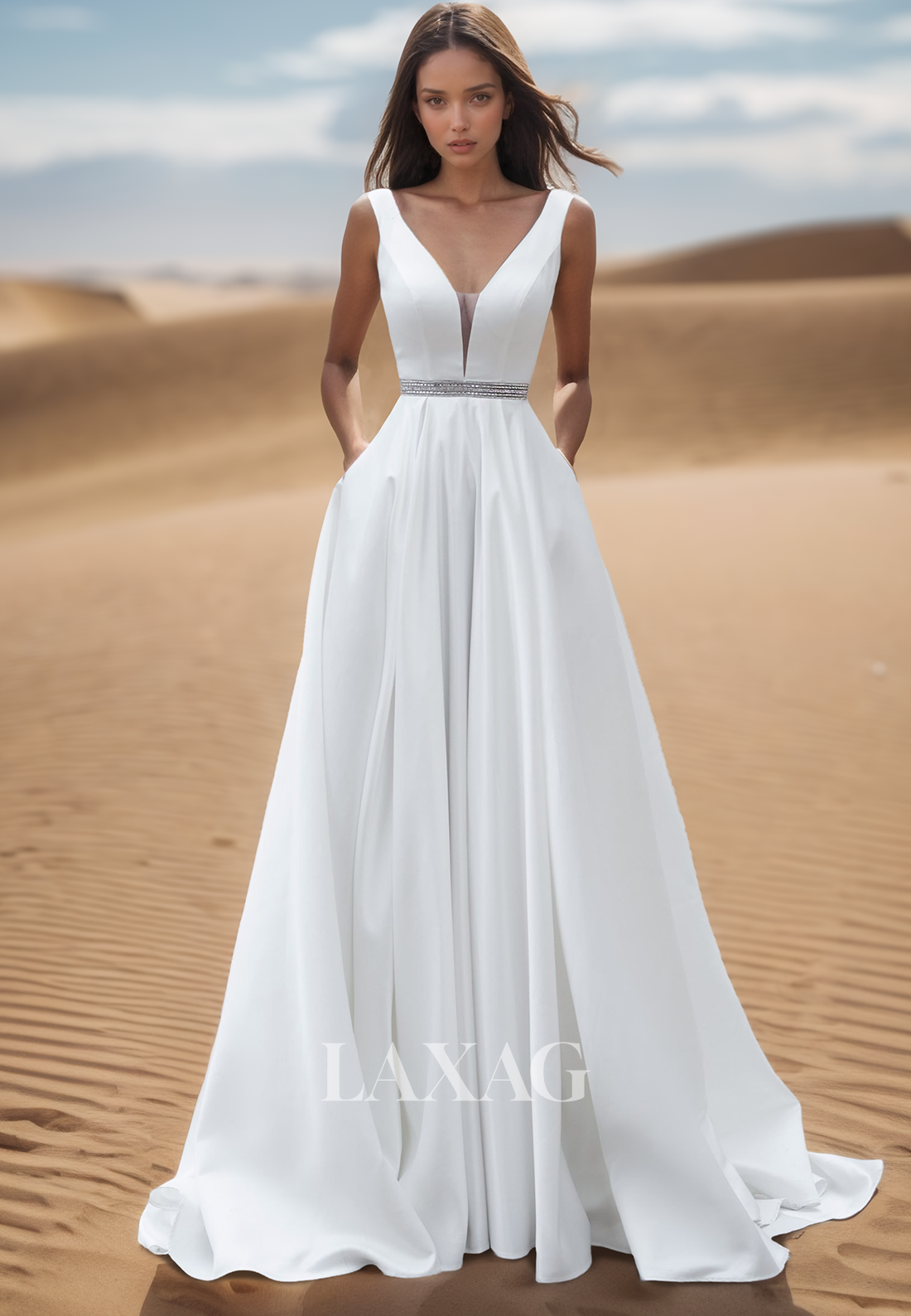 A-Line Deep V-Neck Straps Sleeveless Wedding Gowns Off-Shoulder Beaded Pleated Satin Bride Gowns