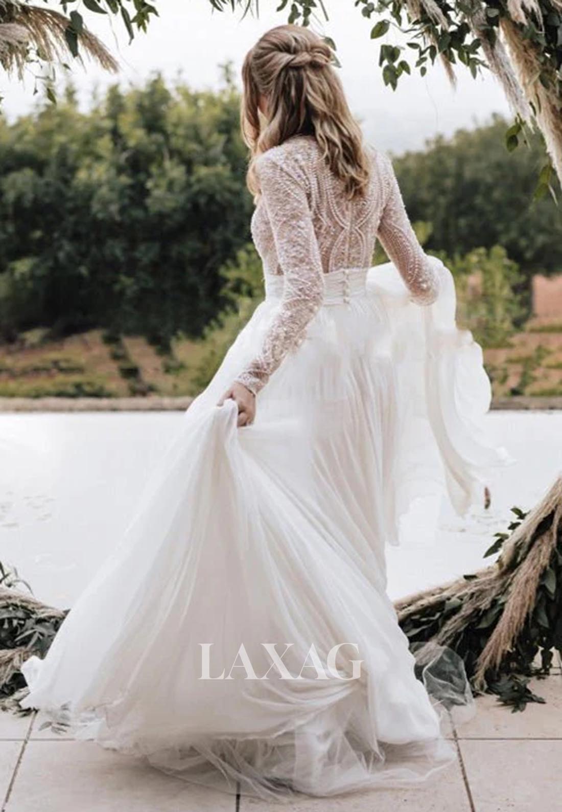 A-Line Lace Applique Beaded Wedding Dress Long-Sleeves Pleated Sheer Bride Gowns with Tulle Train