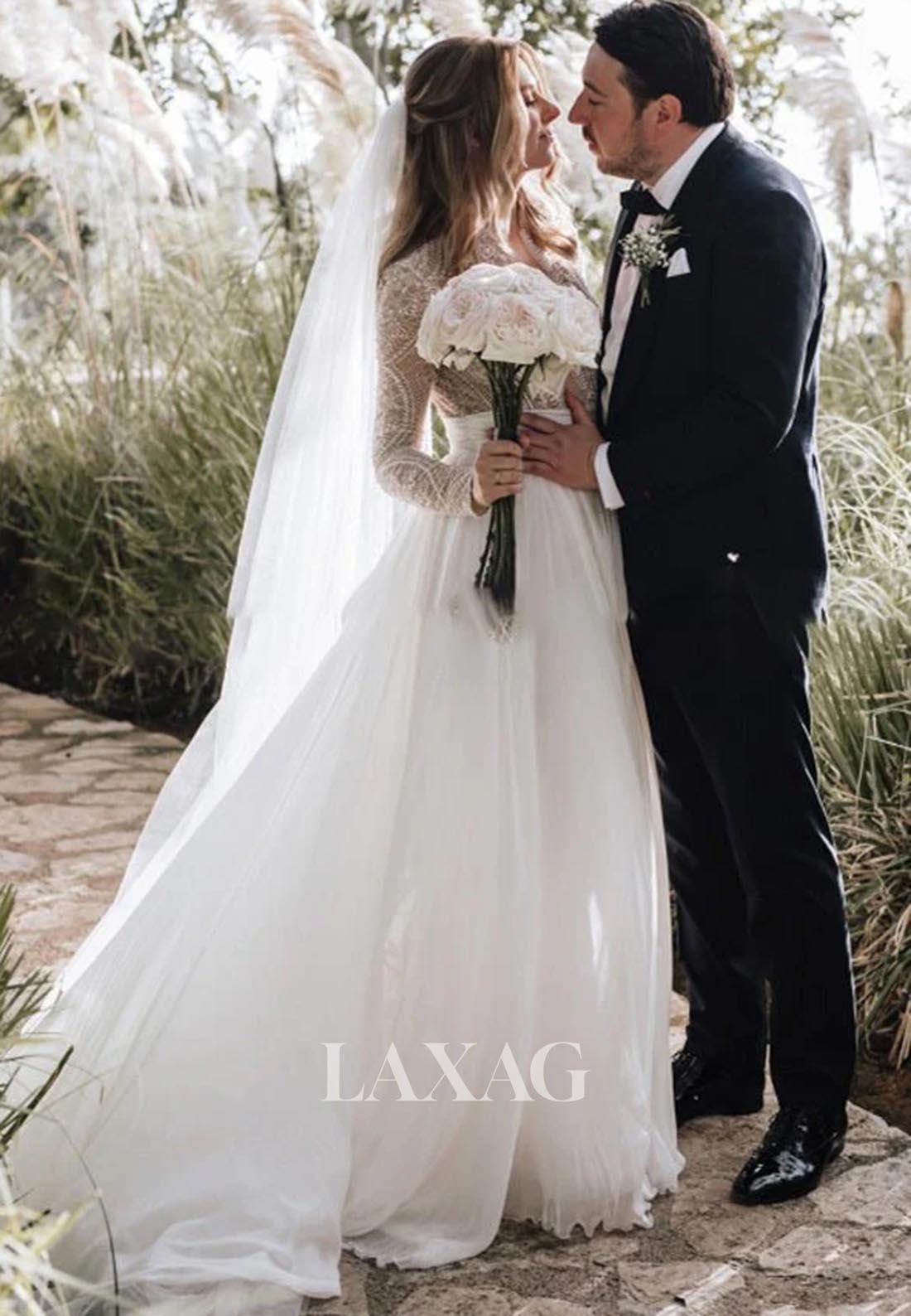 A-Line Lace Applique Beaded Wedding Dress Long-Sleeves Pleated Sheer Bride Gowns with Tulle Train