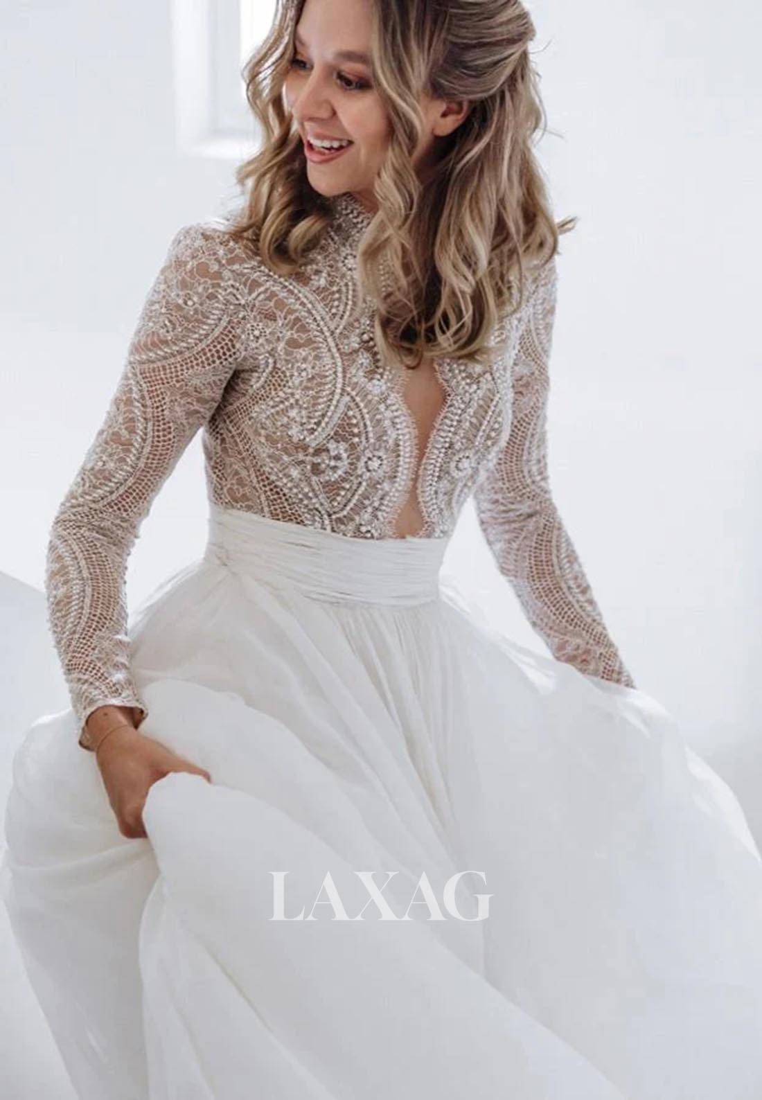 A-Line Lace Applique Beaded Wedding Dress Long-Sleeves Pleated Sheer Bride Gowns with Tulle Train