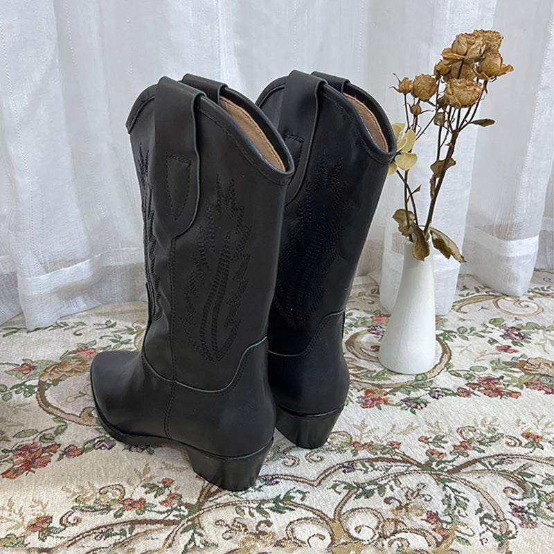 Womens Western Embroidered Short Boots Block Heel - Suede Black/Black Cowgirl Boots All Genuine Leather