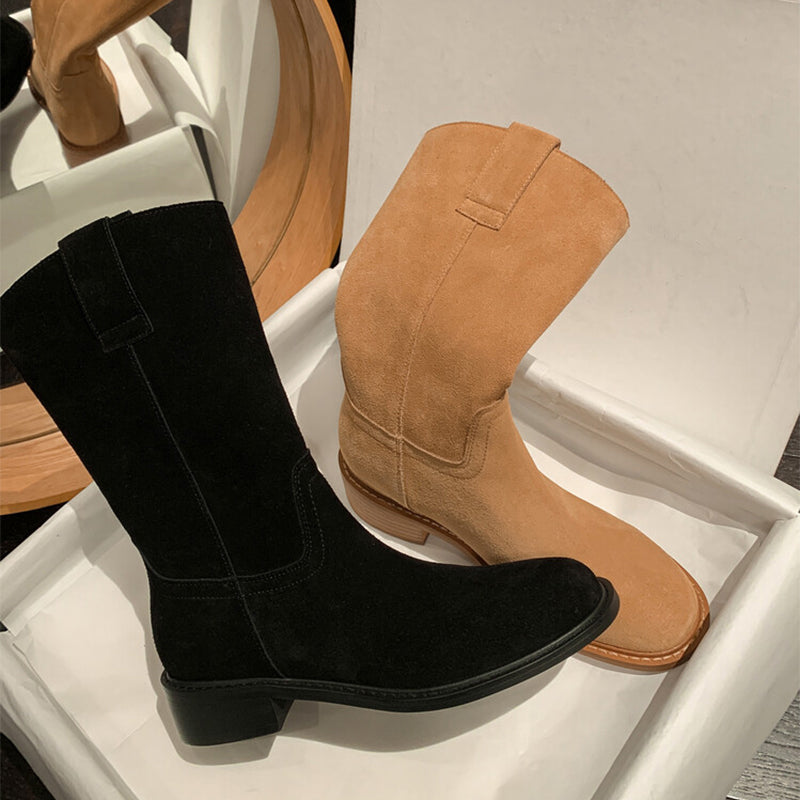 Womens Suede��Leather Mid Calf Boots In Black/Brown