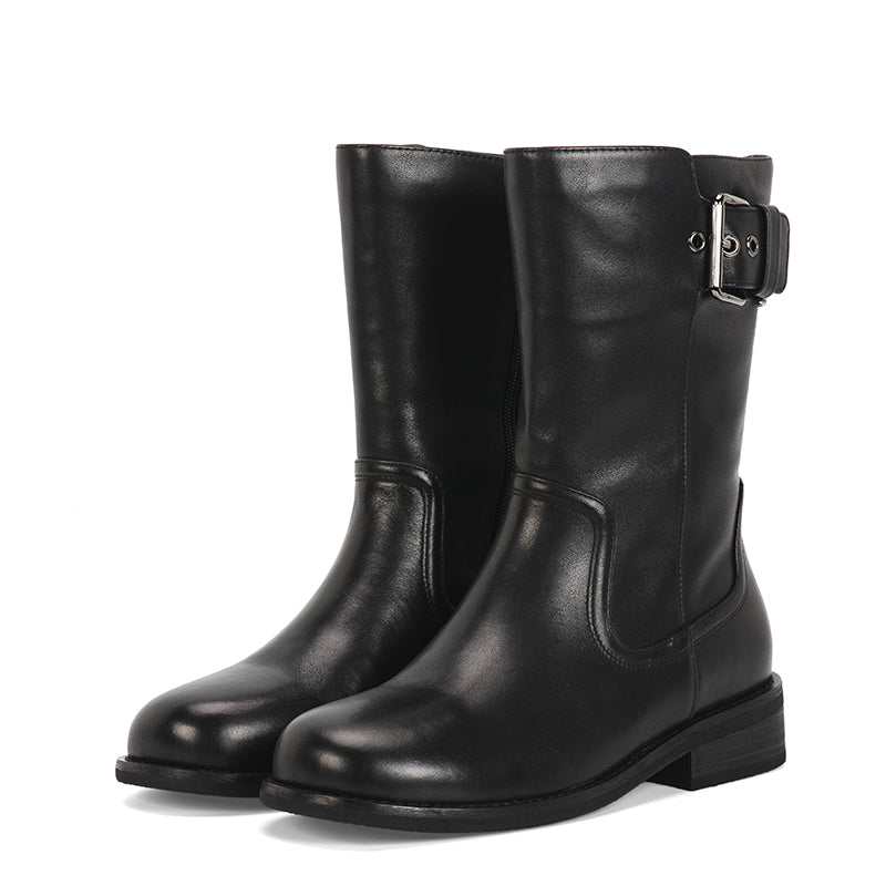 Womens Retro Leather Mid Calf Boots for Cold Winter classic boots Black Short Plush Lining