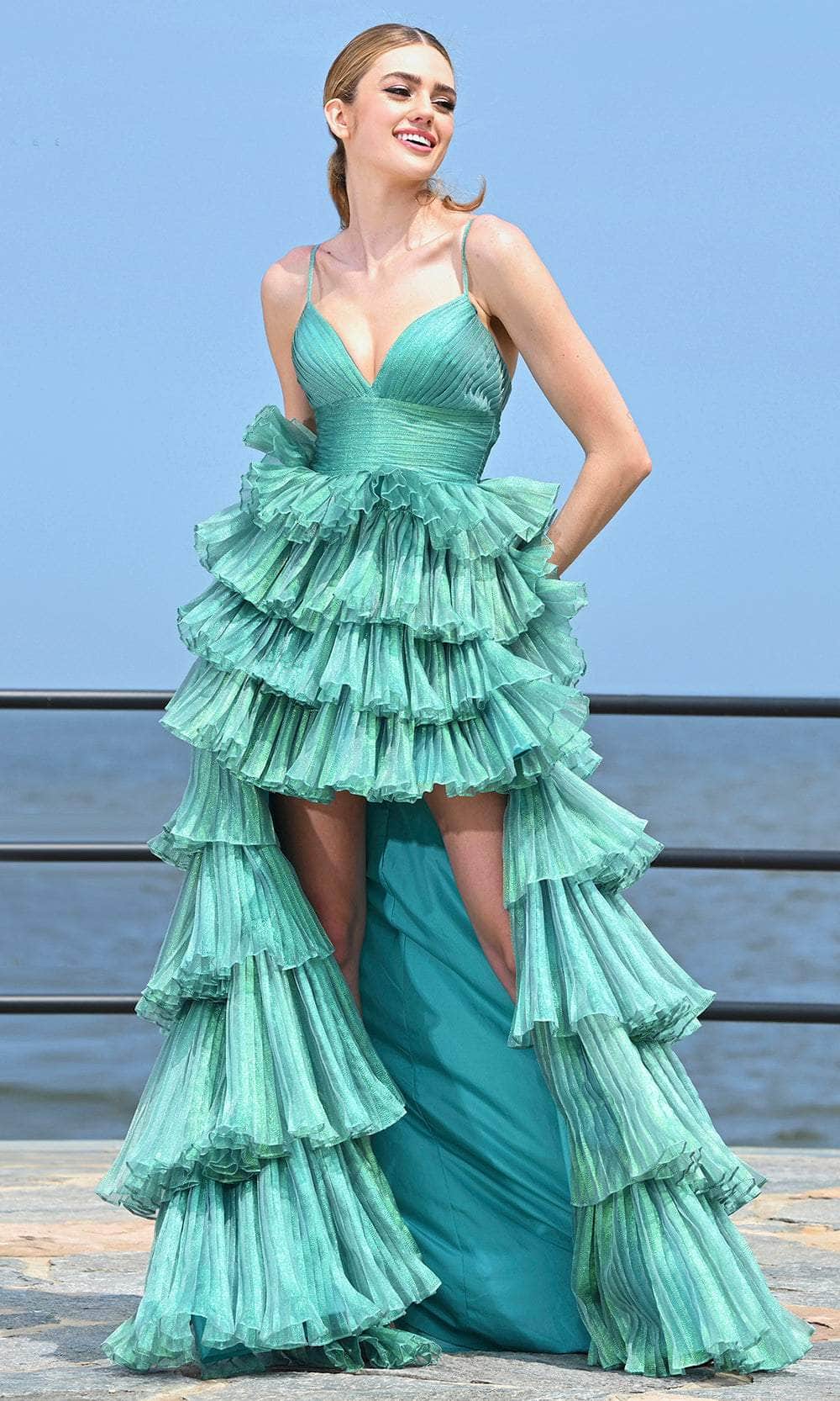 Colors Dress 3462 - Pleated Metallic High Low Prom Gown
